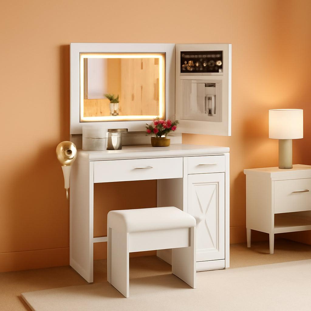 White Multifunctional Vanity Desk With Illuminated Mirror-0