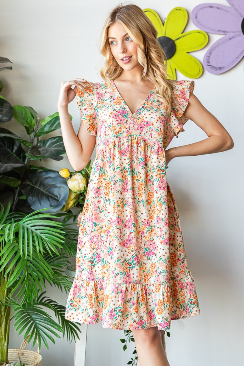 Sand Floral Ruffled V-Neck Dress | Extended Sizes