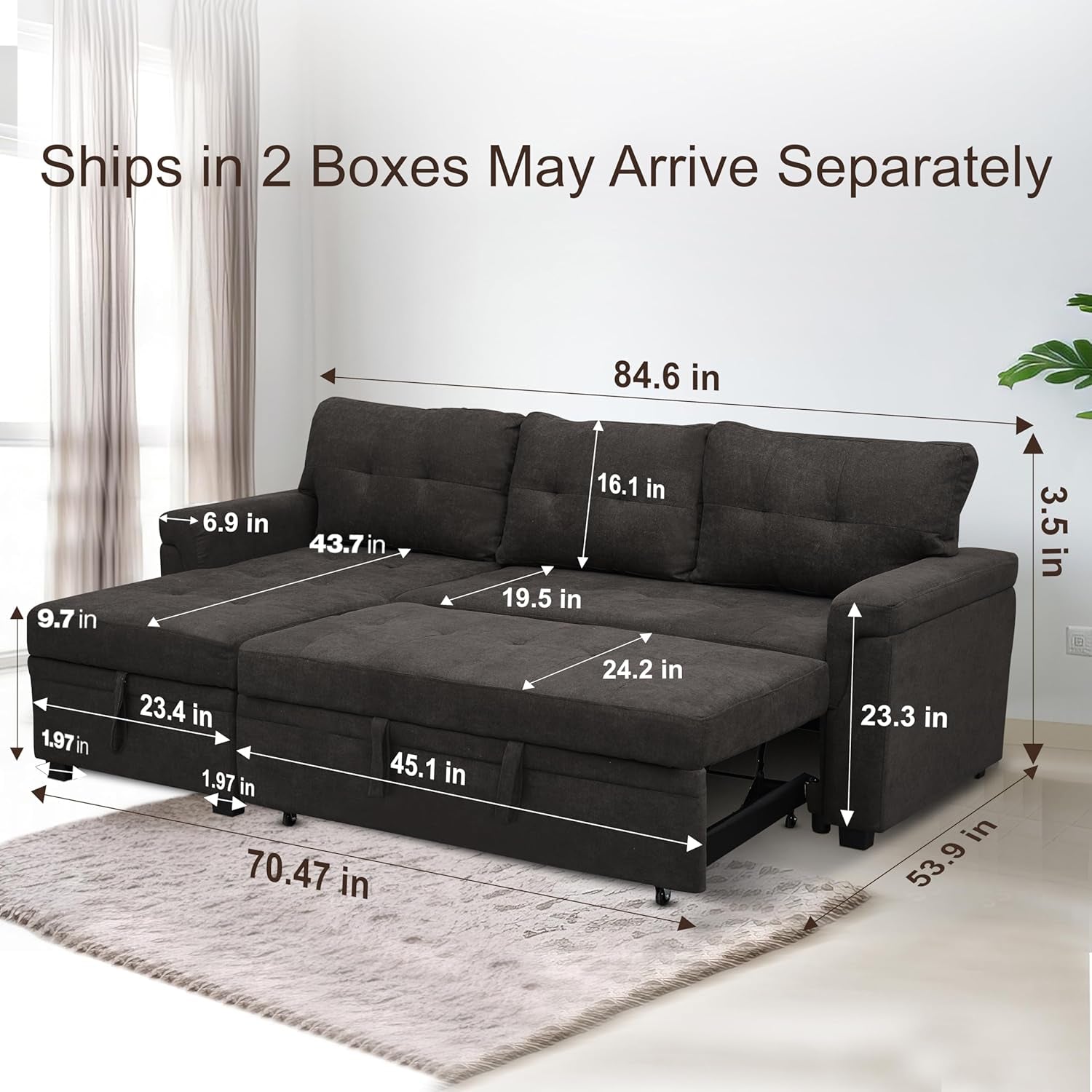 Espresso Velvet Sleeper Sectional Sofa Bed Chaise Set-2