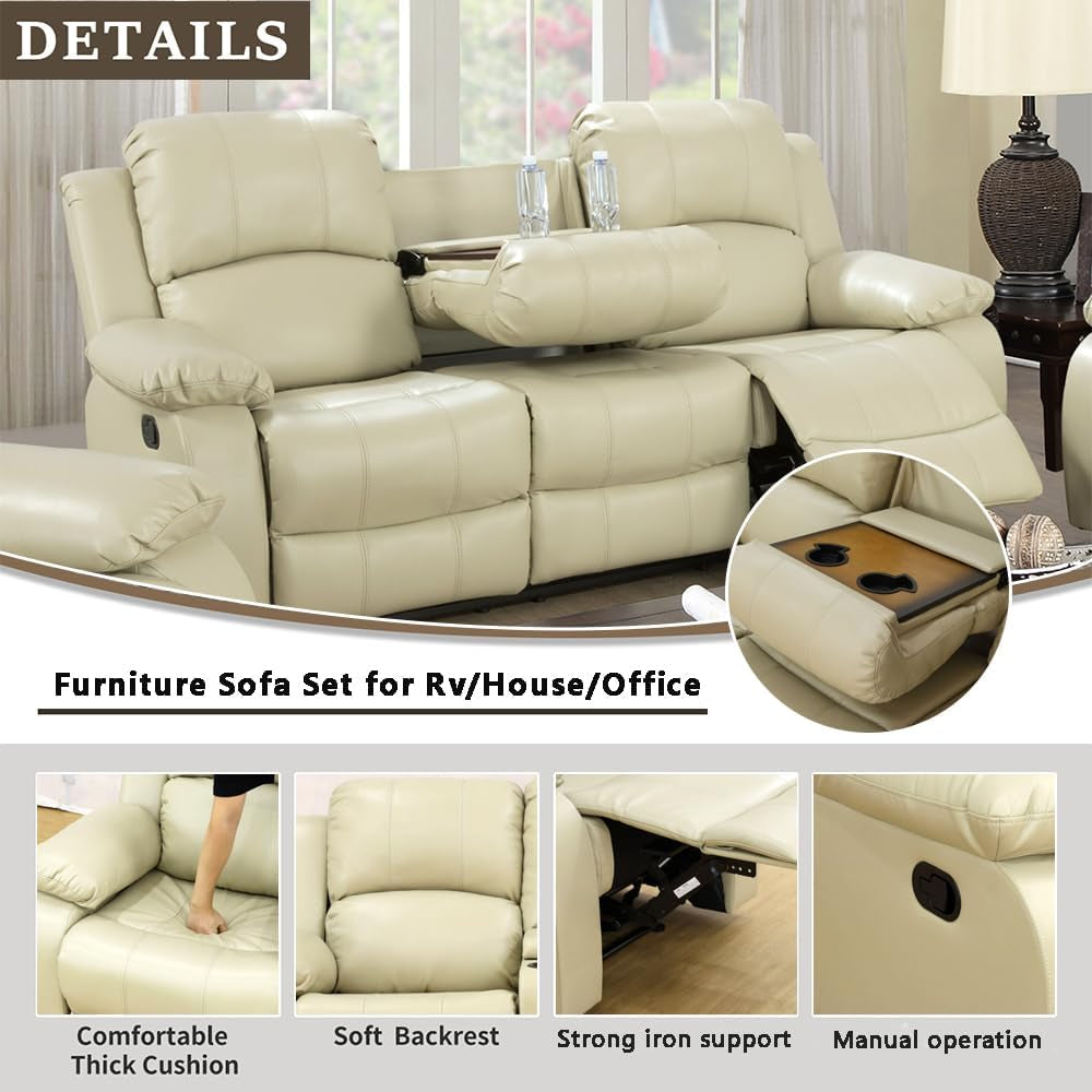 Beige Leather Recliner Sofa Set With Built In Coffee Table-2