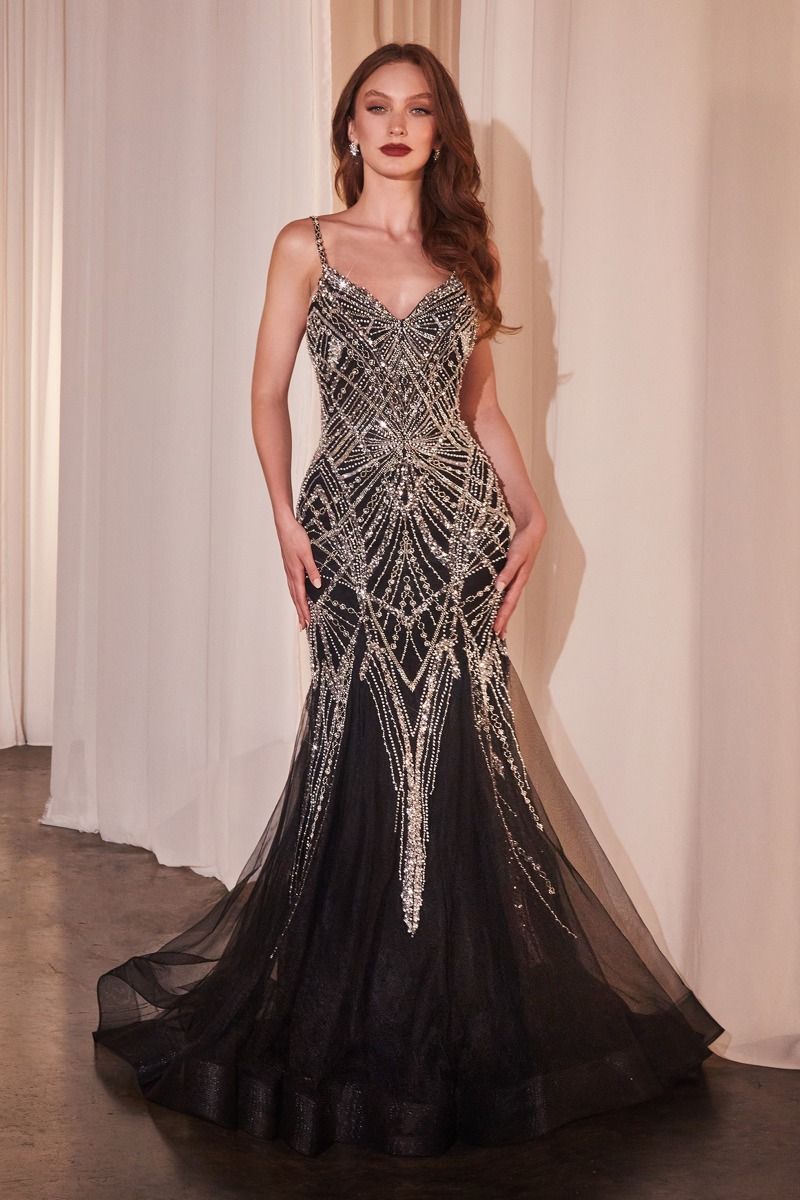 Black Evening Art Deco Beaded Maxi Tulle Gown with Spaghetti Straps & V-Neckline CD9317