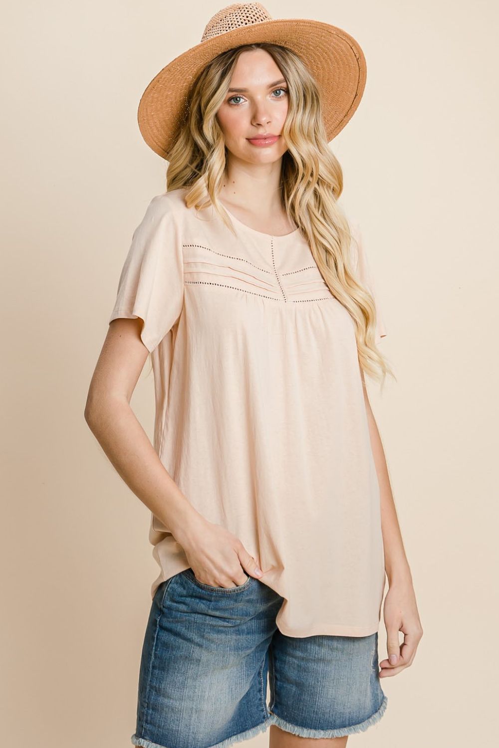 Cotton Bleu by Nu Label Eyelet Round Neck Short Sleeve T-Shirt-0