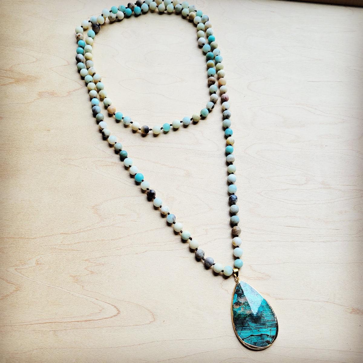 Frosted Amazonite Long Beaded Necklace with Agate Pendant-0