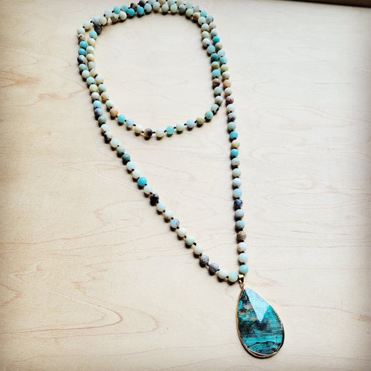 Frosted Amazonite Long Beaded Necklace with Agate Pendant-0