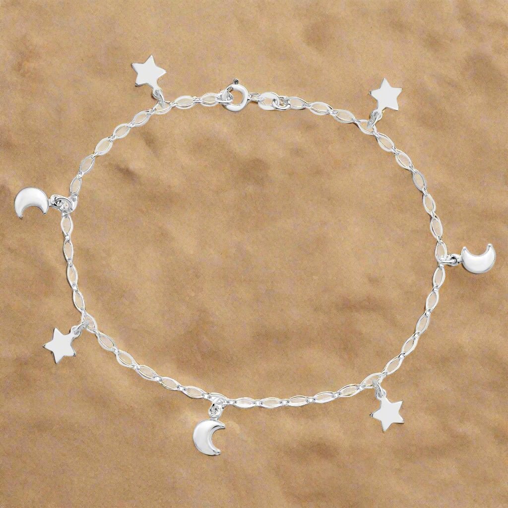 Sterling Silver Star & Moon Charm Anklet-0