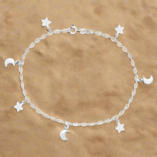 Sterling Silver Star & Moon Charm Anklet-0