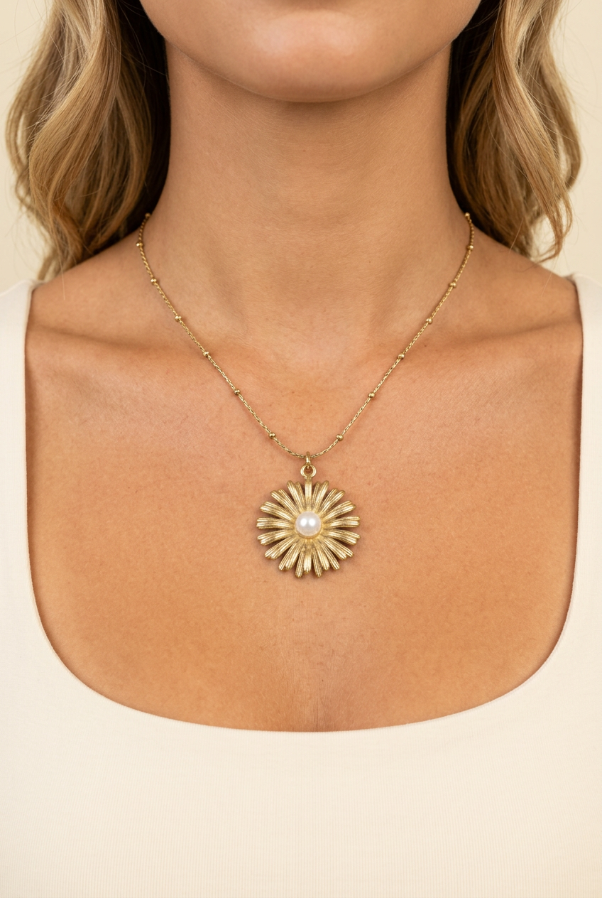 Juliet Stainless Steel Sunflower Pearl Pendant Necklace-1