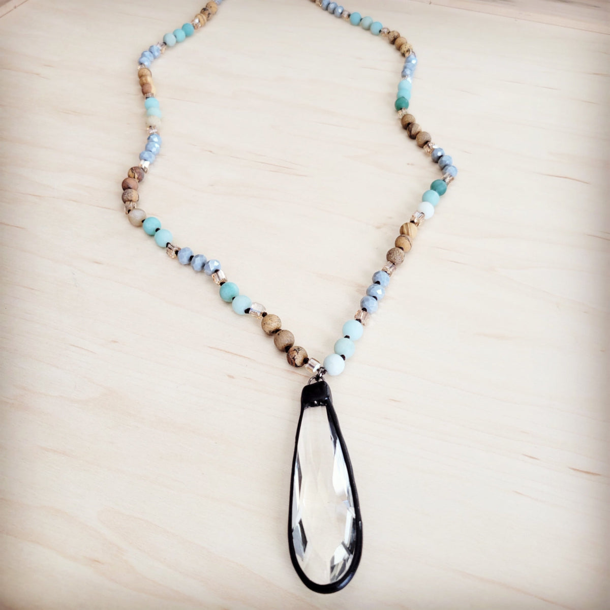 Picture Jasper & Amazonite Long Beaded Necklace w/ Crystal Pendant 262r-1