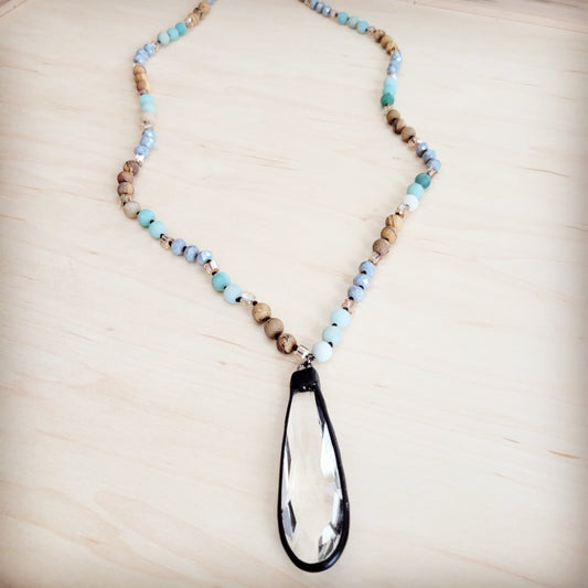 Picture Jasper & Amazonite Long Beaded Necklace w/ Crystal Pendant 262r-1