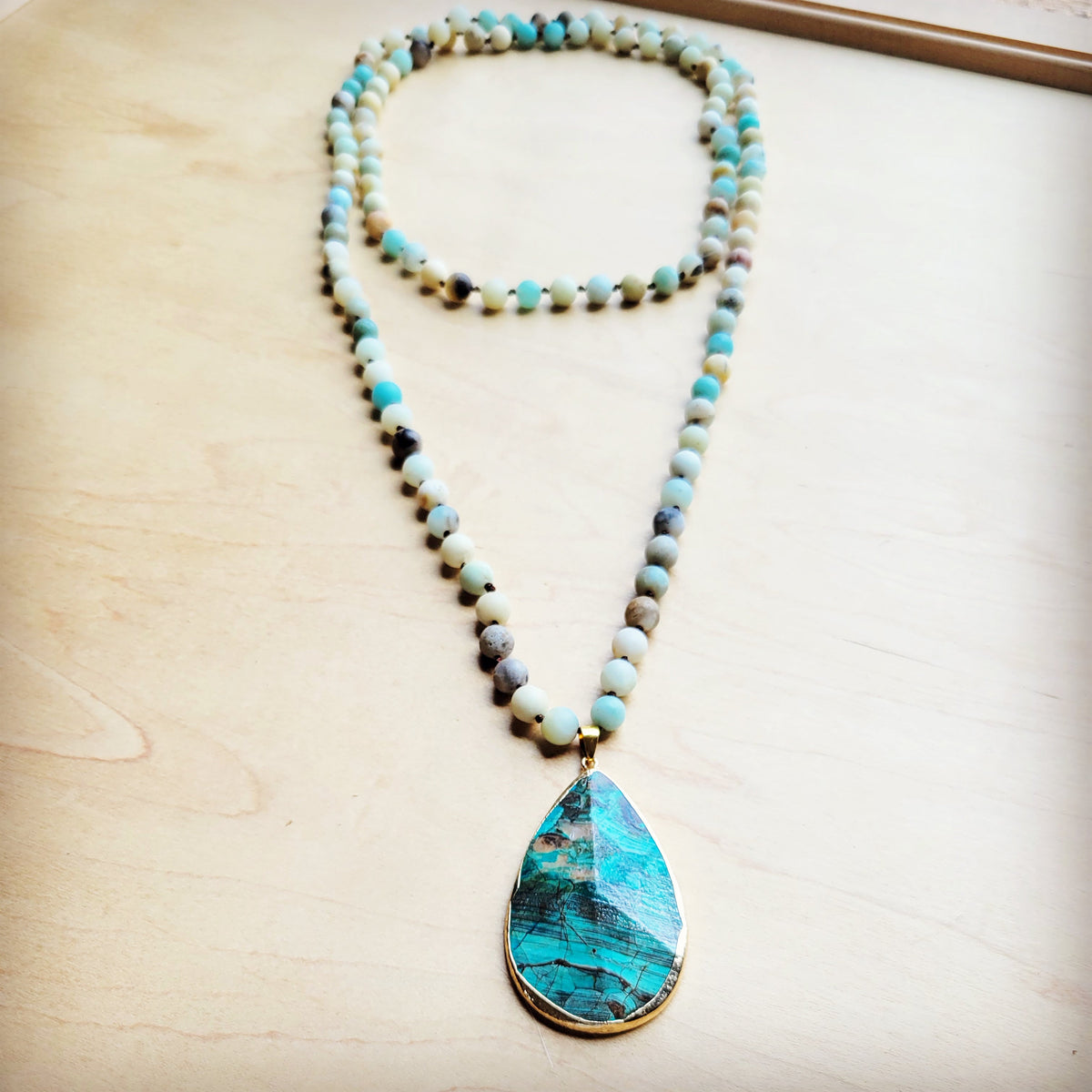 Frosted Amazonite Long Beaded Necklace with Agate Pendant-4