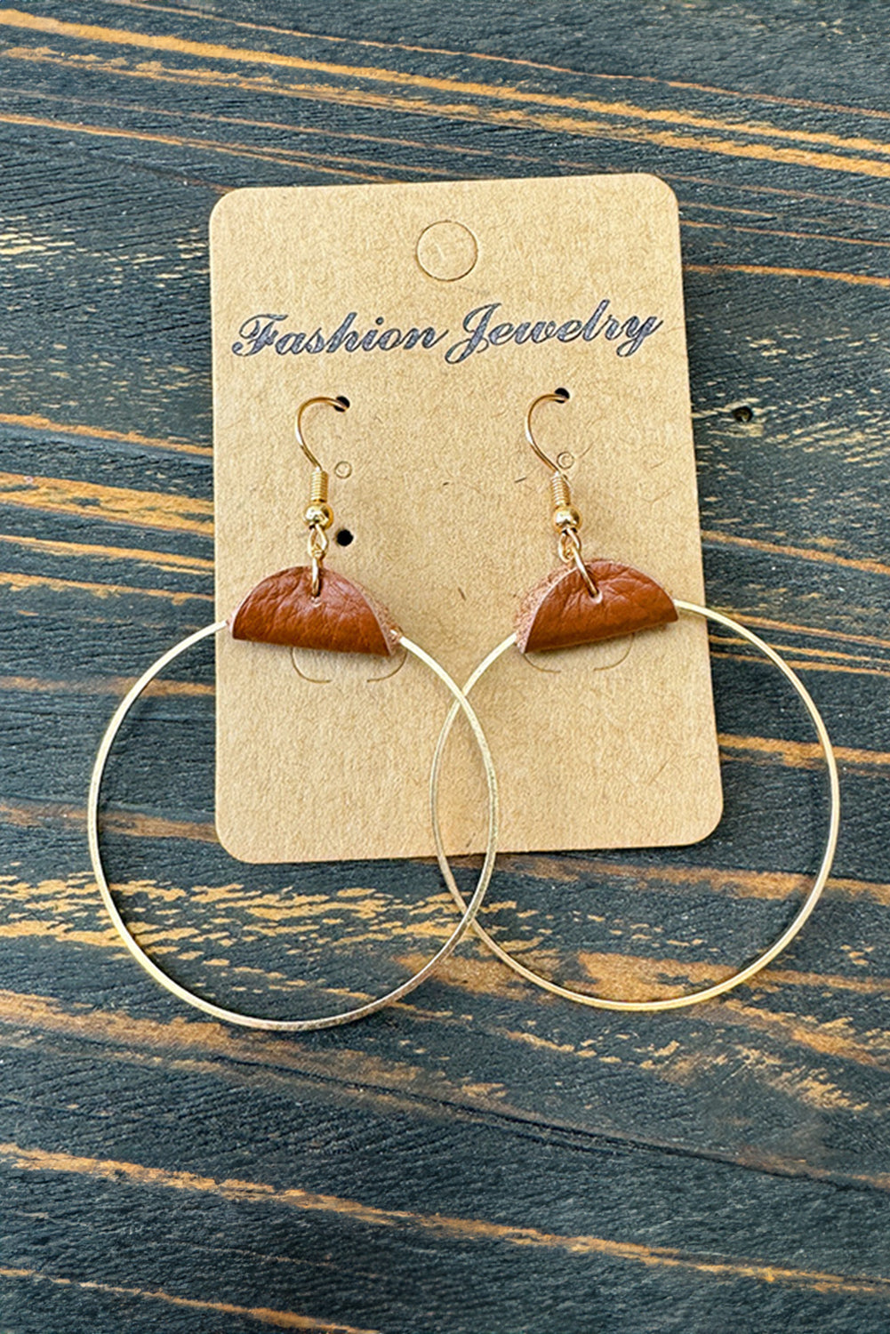 Gold Leather Hoop Earrings-0