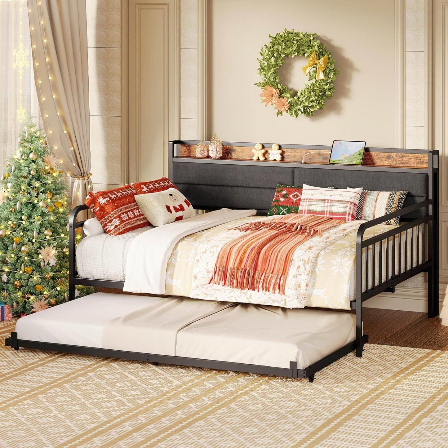 Full size Black Metal Daybed with Upholstered Headboard and Twin Trundle-2