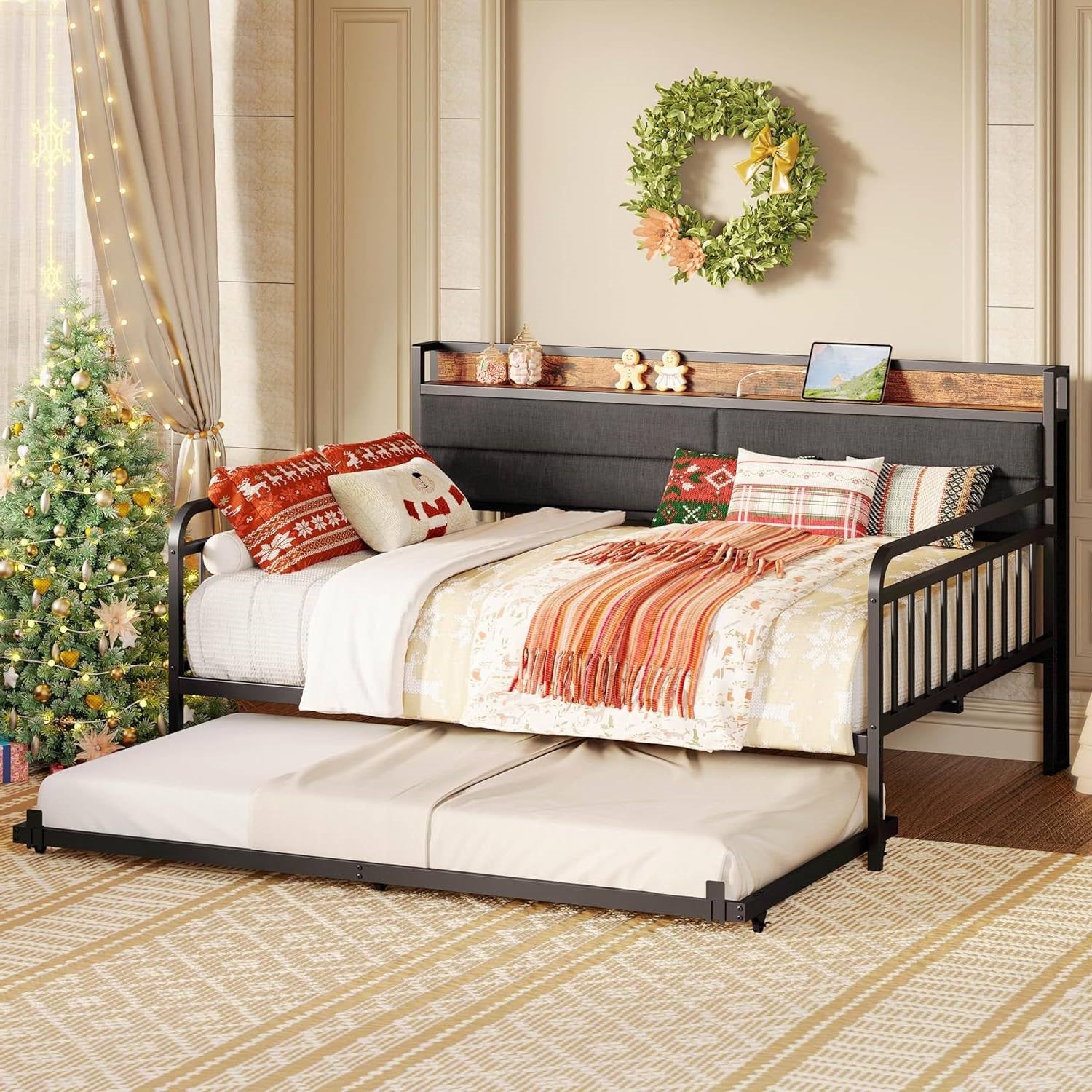 Full size Black Metal Daybed with Upholstered Headboard and Twin Trundle-2