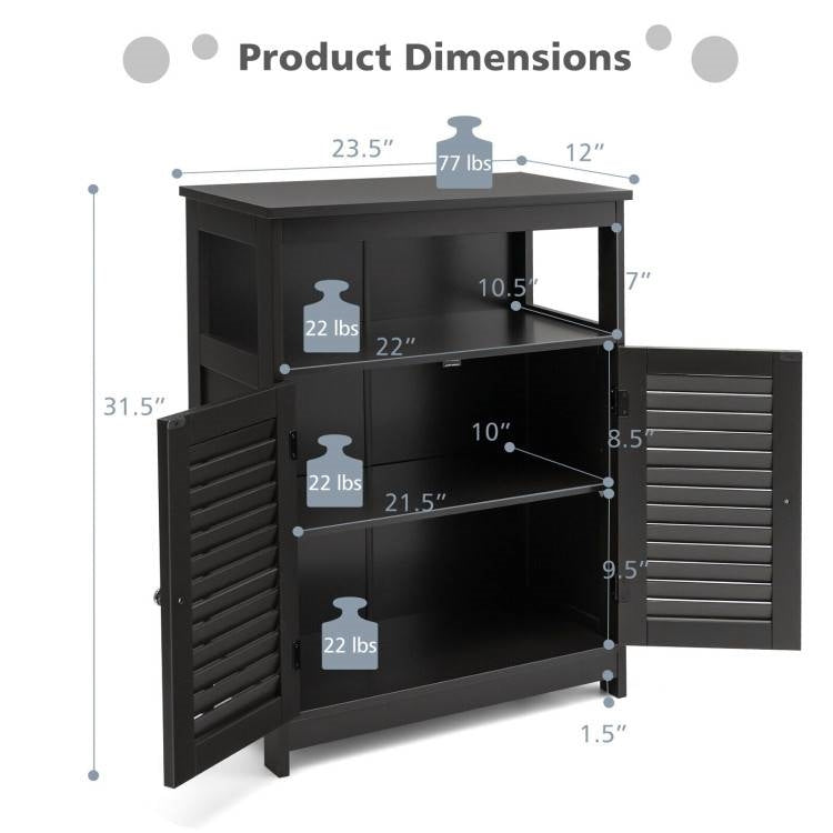 Black Farmhouse Bathroom Linen Cabinet with Louvered Doors and Open Shelf-4
