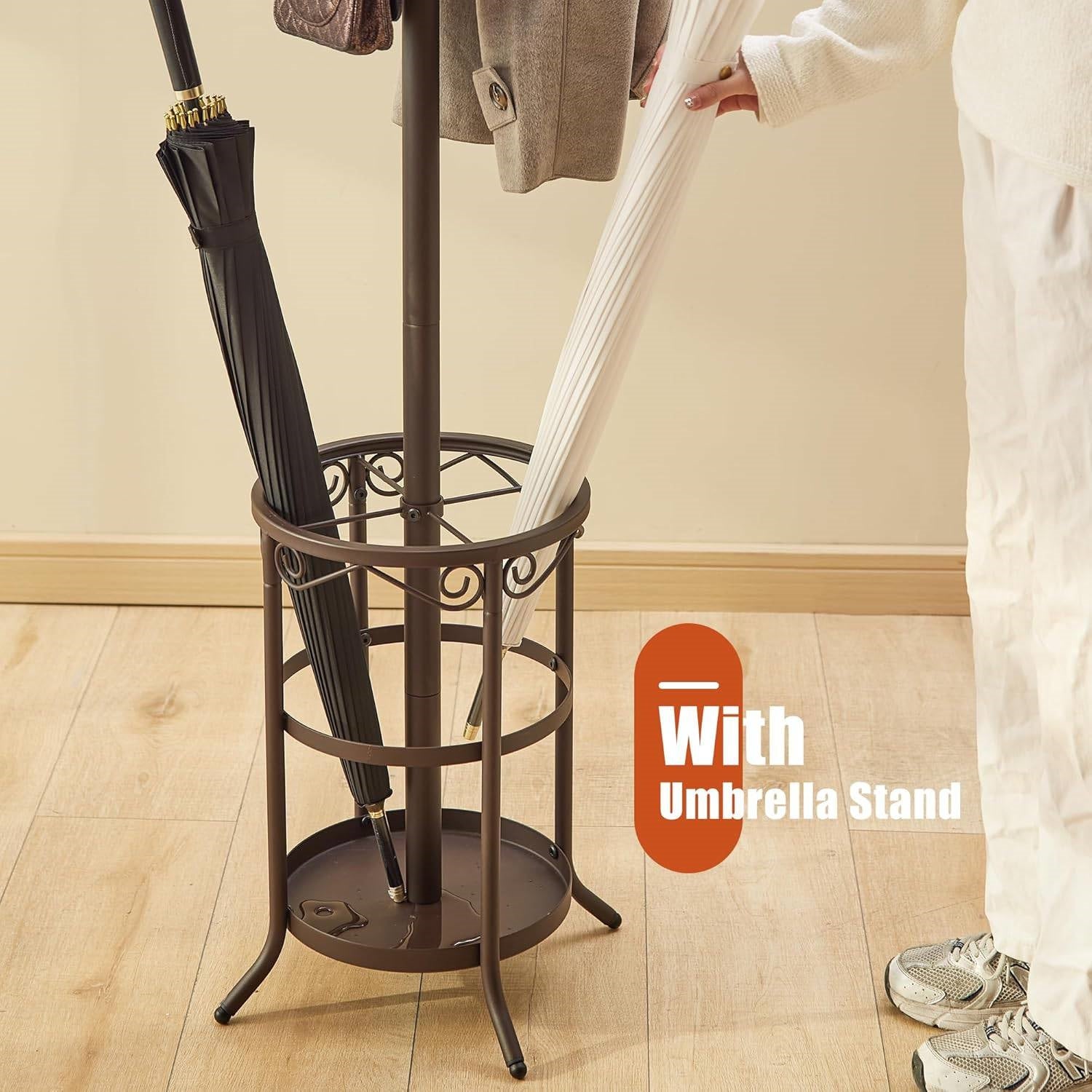 Brown Metal Coat Rack Entryway Hall Tree with Umbrella Stand-3