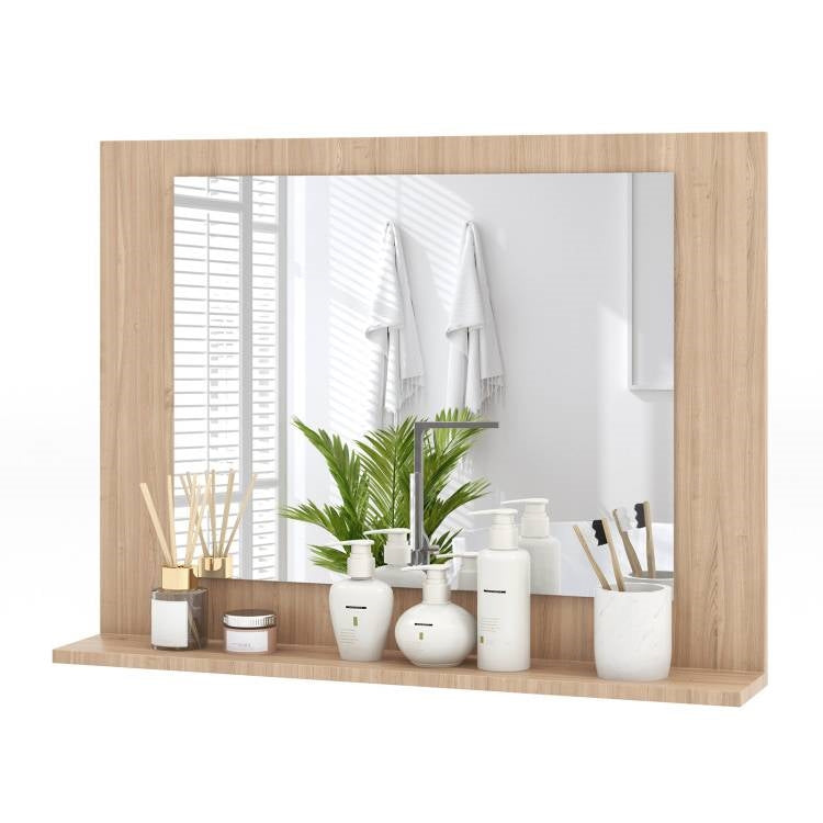 Rectangular 23 x 17 inch Bathroom Wall Mirror with Shelf in Brown Wood Finish-0