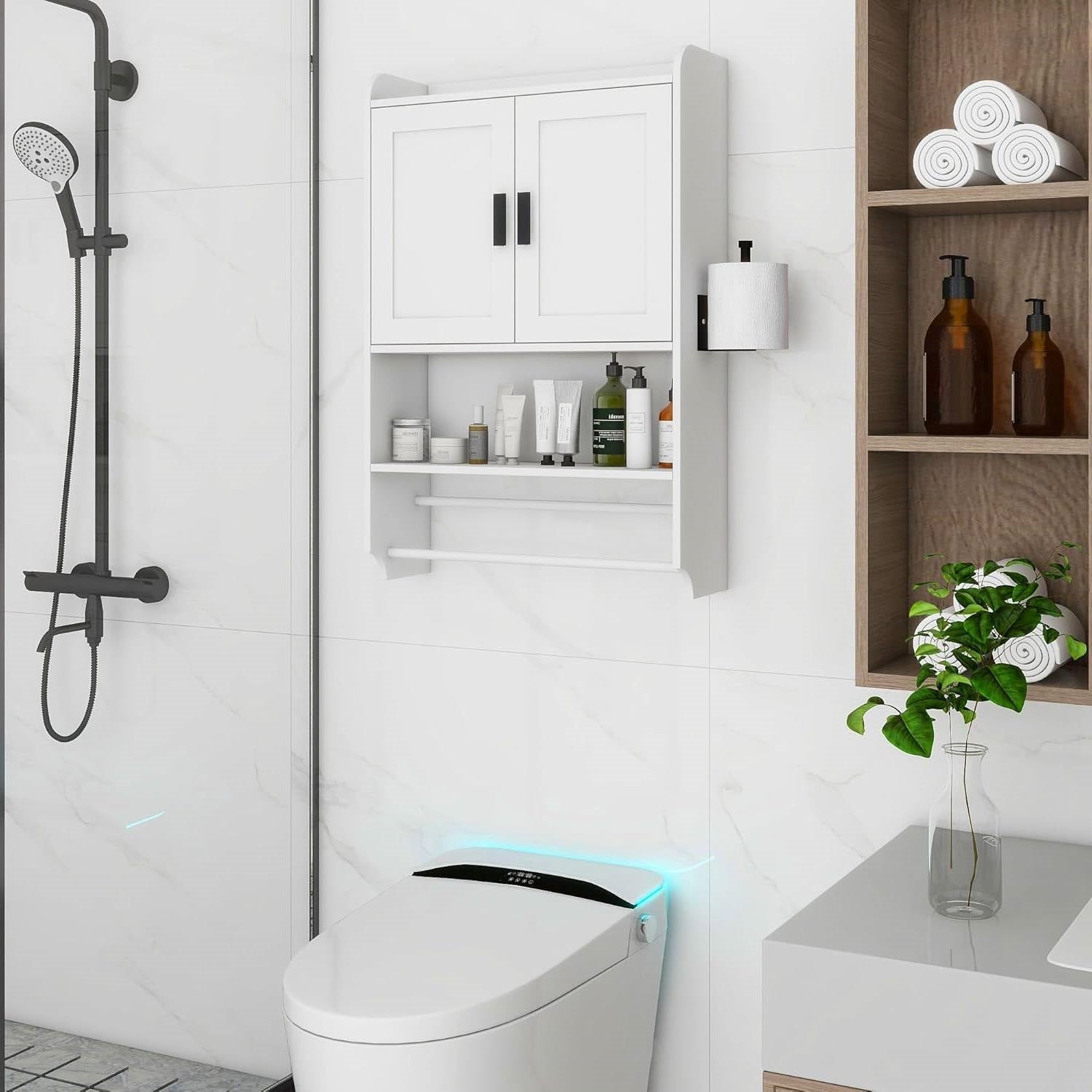 White Bathroom Wall Cabinet with Towel Bar and Storage Shelf-1