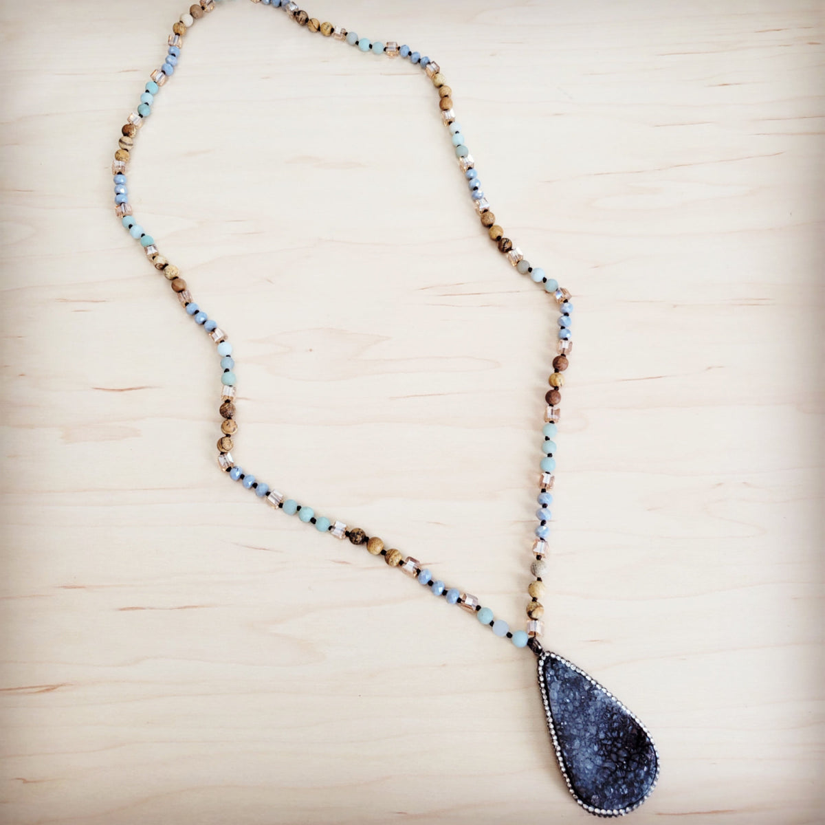 Amazonite & Crystal Long Beaded Necklace w/ Druzy Pendant-0