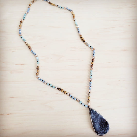 Amazonite & Crystal Long Beaded Necklace w/ Druzy Pendant-0