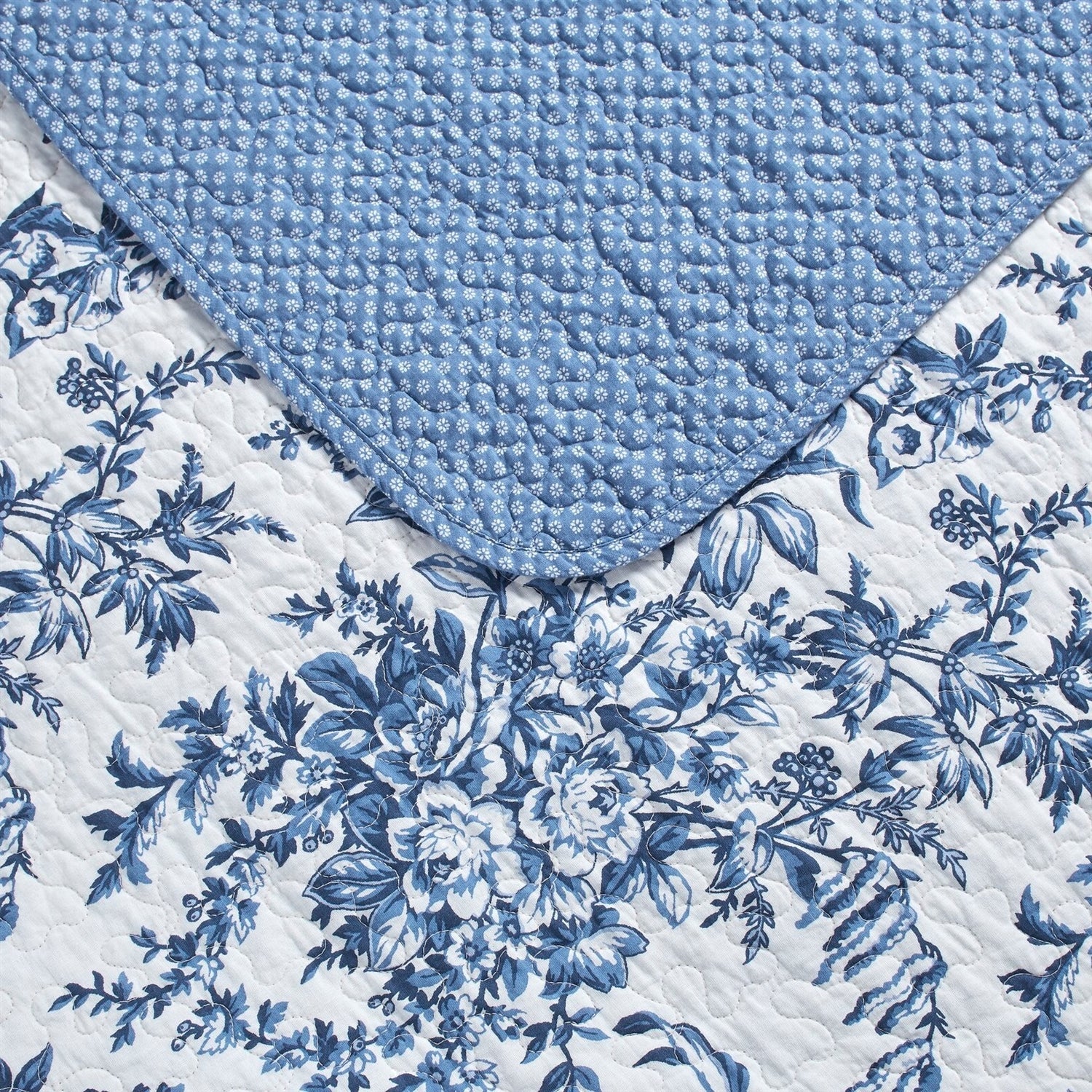 Full/Queen 3 Piece Bed In A Bag Reversible Blue White Floral Cotton Quilt Set-4
