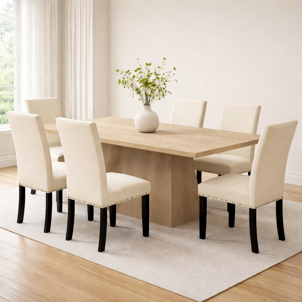 82" Walnut Finished Solid Wood Dining Table with 6 Fabric Upholstered Chairs Light Natural-2