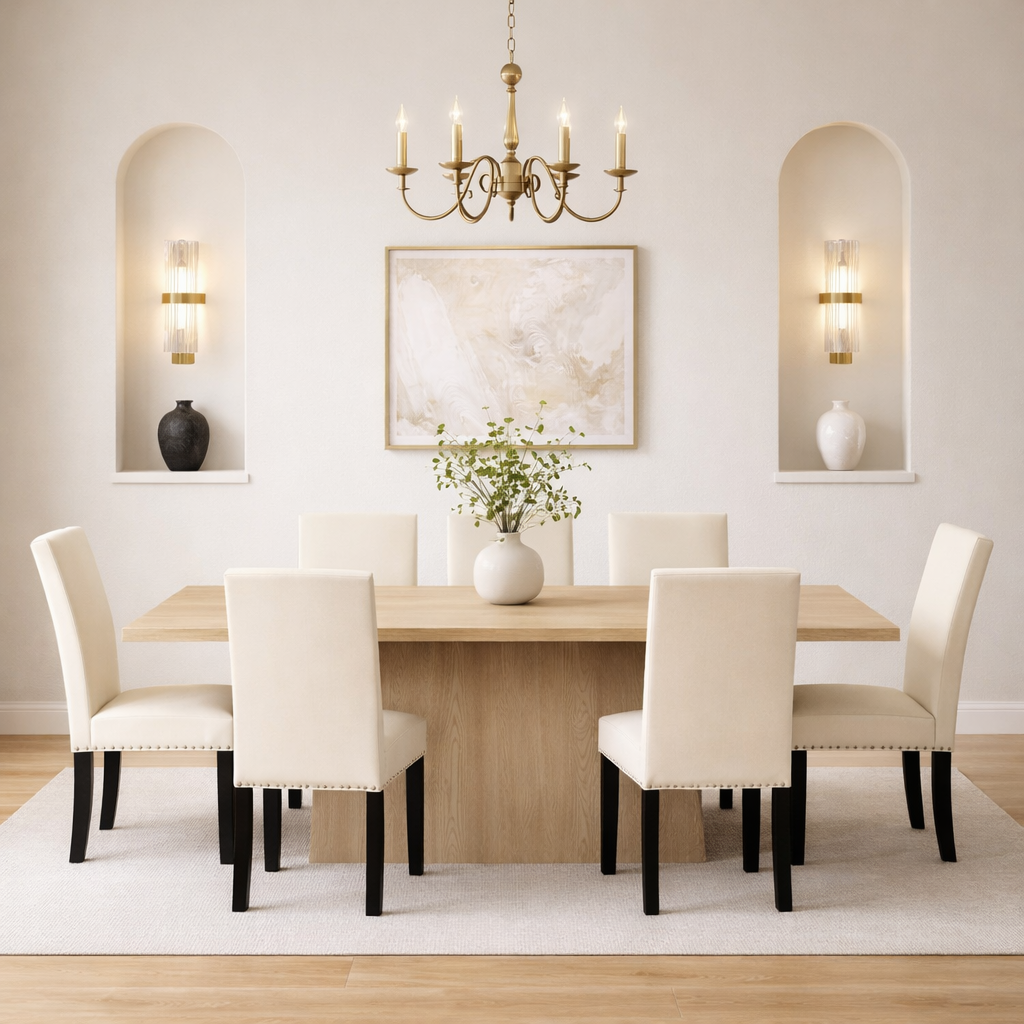 82" Walnut Finished Solid Wood Dining Table with 6 Fabric Upholstered Chairs Light Natural-1