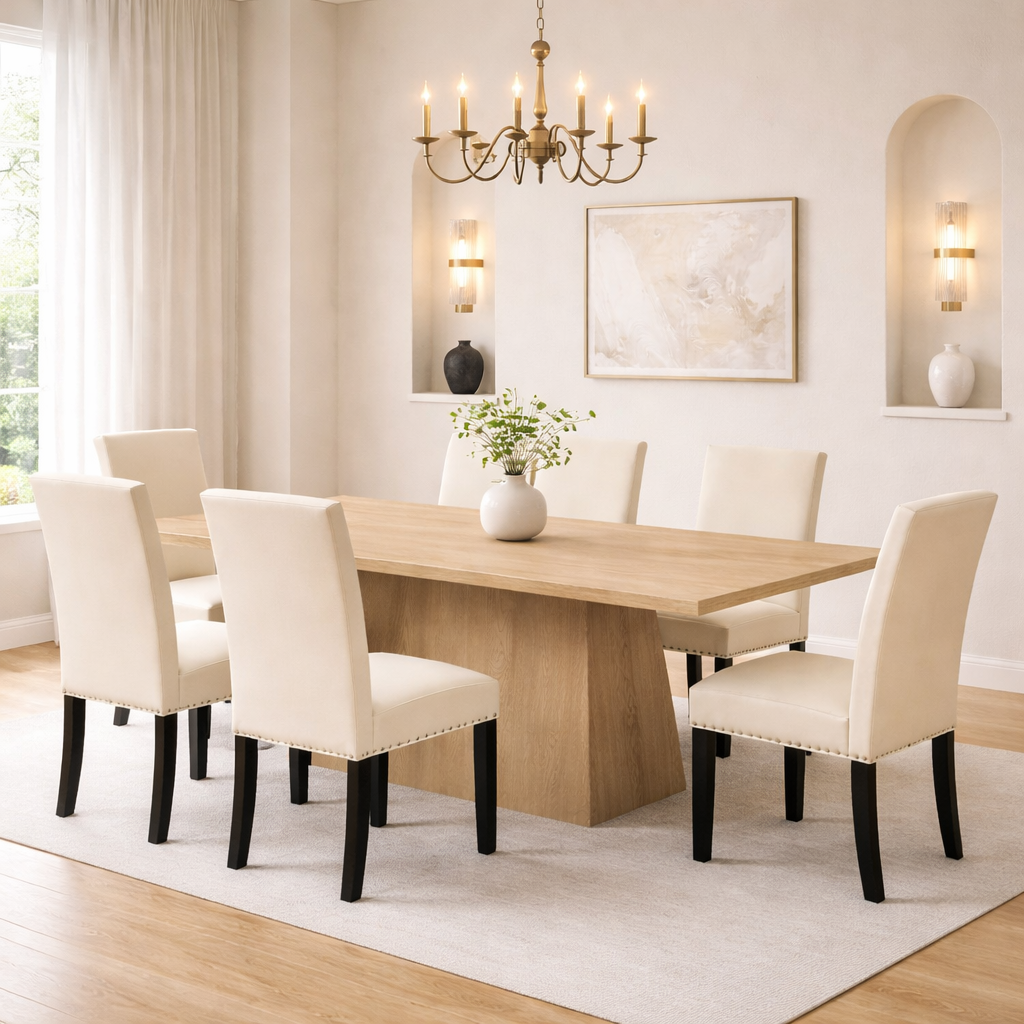 82" Walnut Finished Solid Wood Dining Table with 6 Fabric Upholstered Chairs Light Natural-0