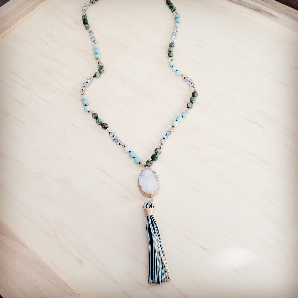 Long Amazonite Necklace with Genuine White Druzy Pendant-2