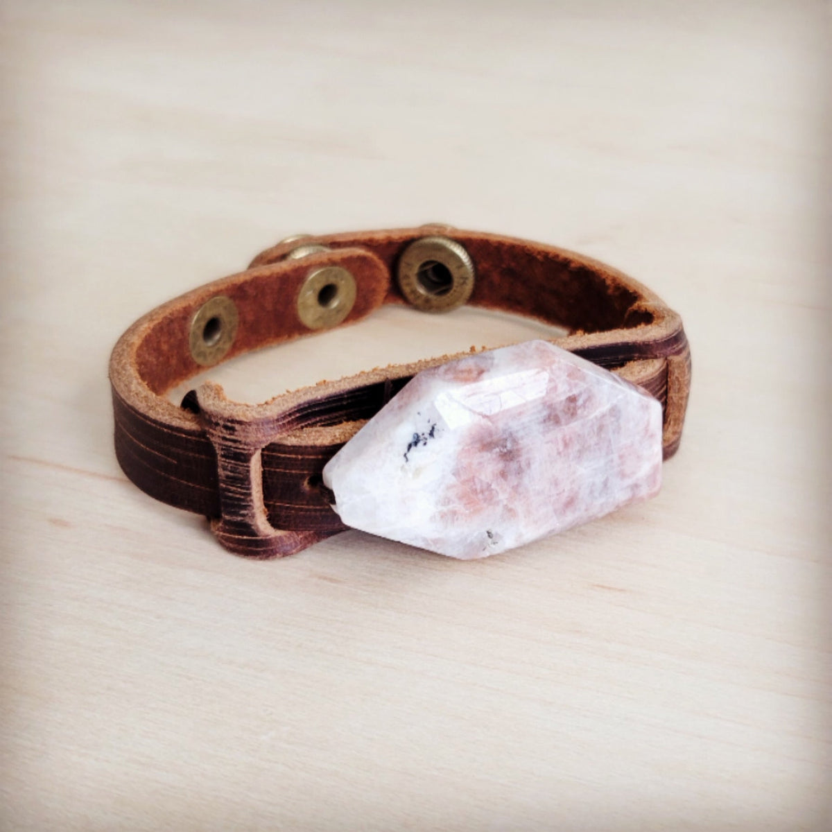Sunstone Slab Narrow Leather Cuff Bracelet-0