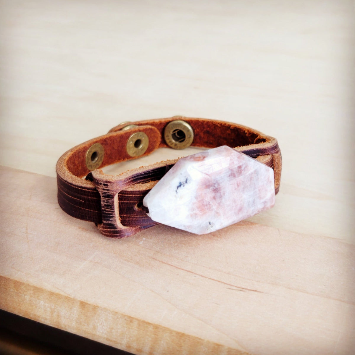 Sunstone Slab Narrow Leather Cuff Bracelet-2