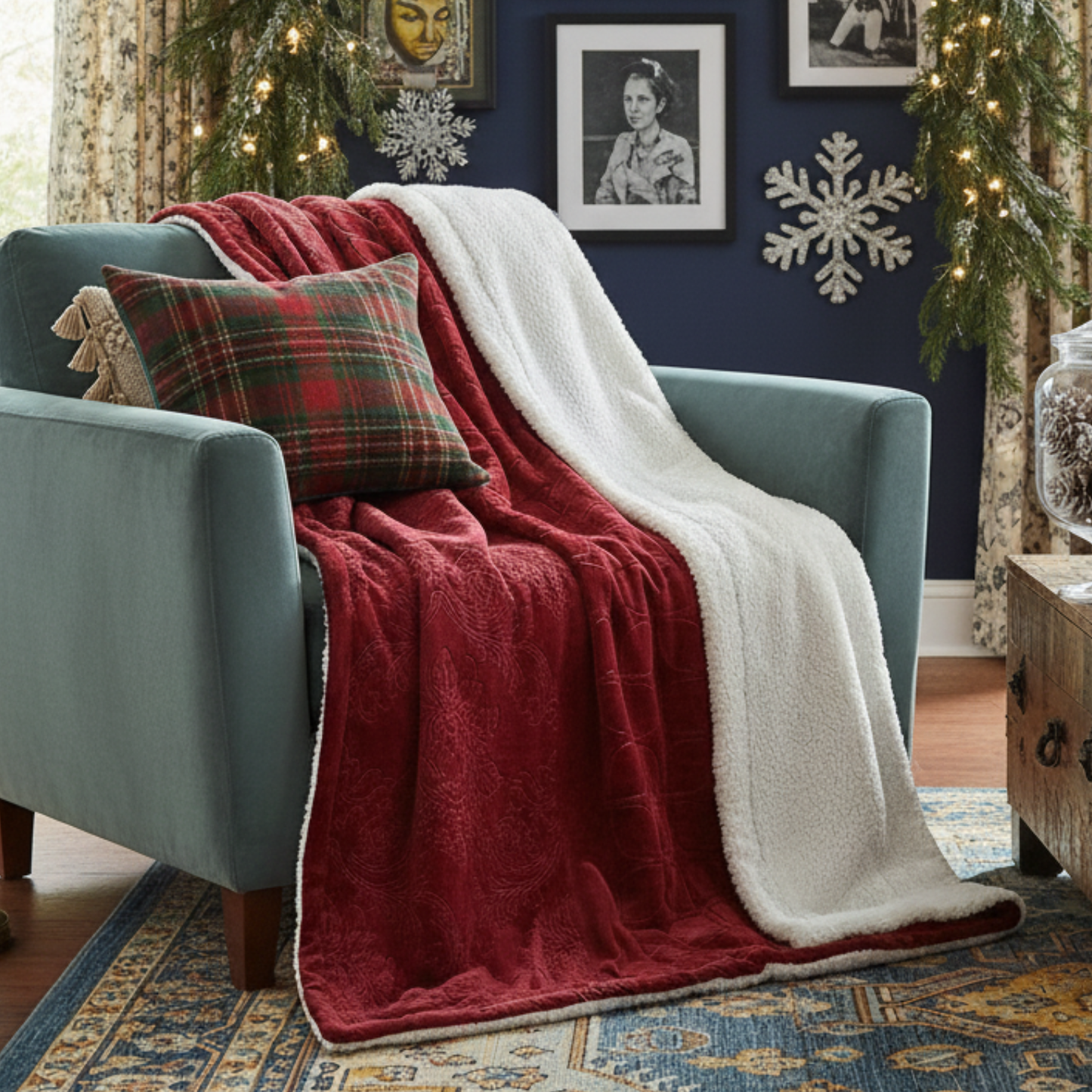 Tache Solid Embossed Merlot Red Reversible Sherpa Throw Blanket (62087)-0