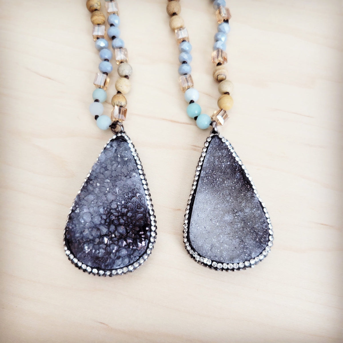 Amazonite & Crystal Long Beaded Necklace w/ Druzy Pendant-3