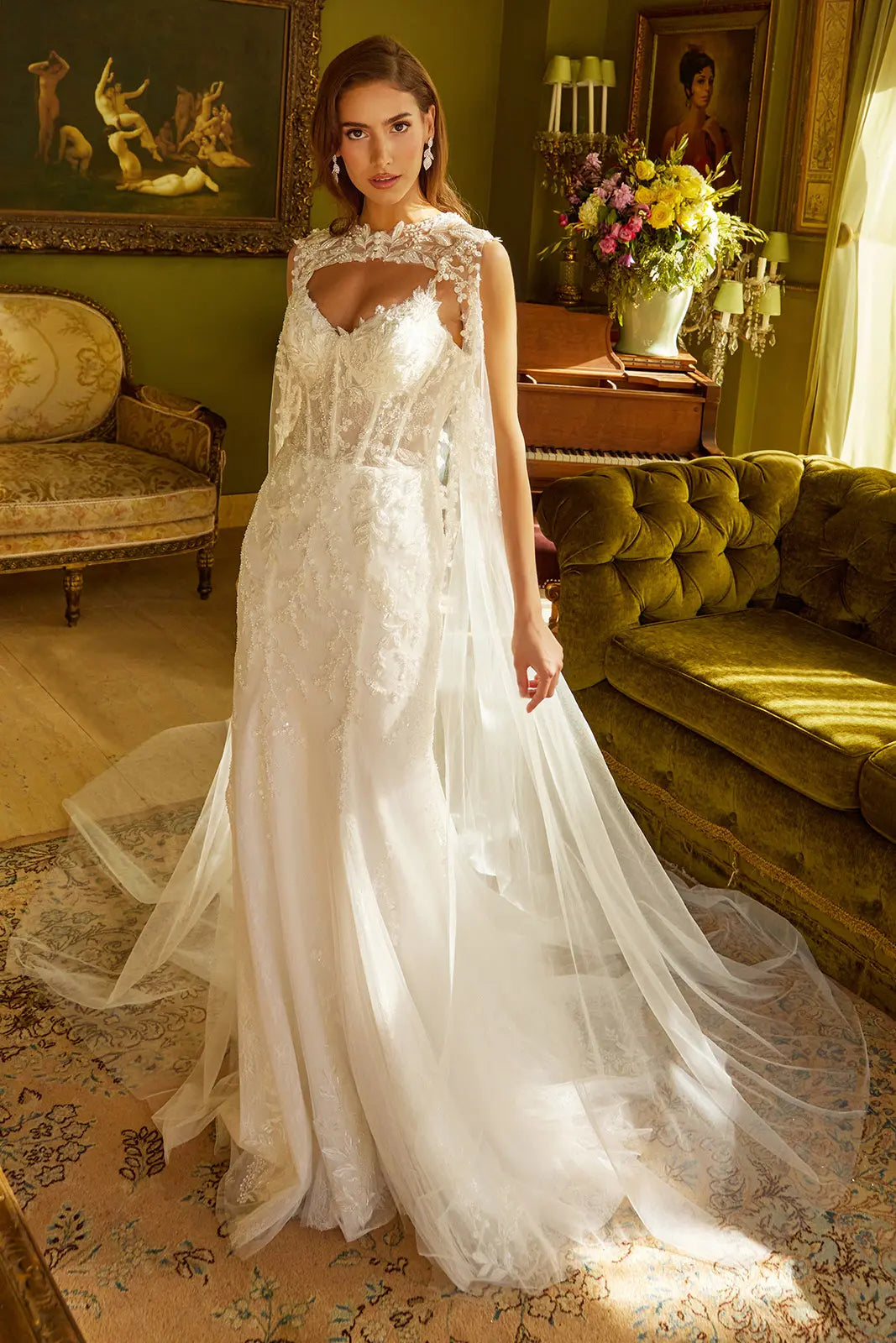 Wedding Dress With Corset, V-Neck And Bodice With Thin Straps, Trumpet Cut-1