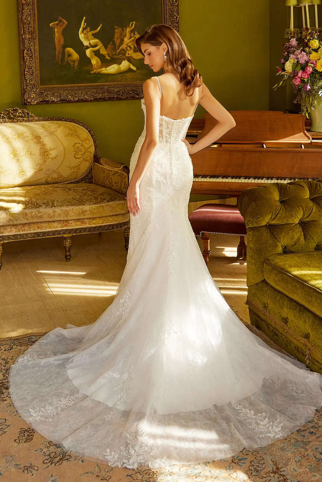 Wedding Dress With Corset, V-Neck And Bodice With Thin Straps, Trumpet Cut-2