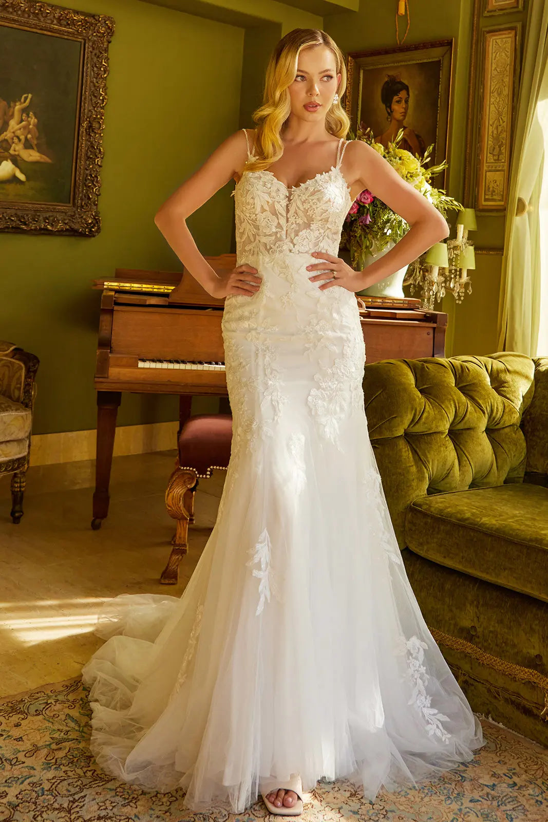 Trumpet silhouette wedding dress with sequin embroidery and thin beaded straps-0