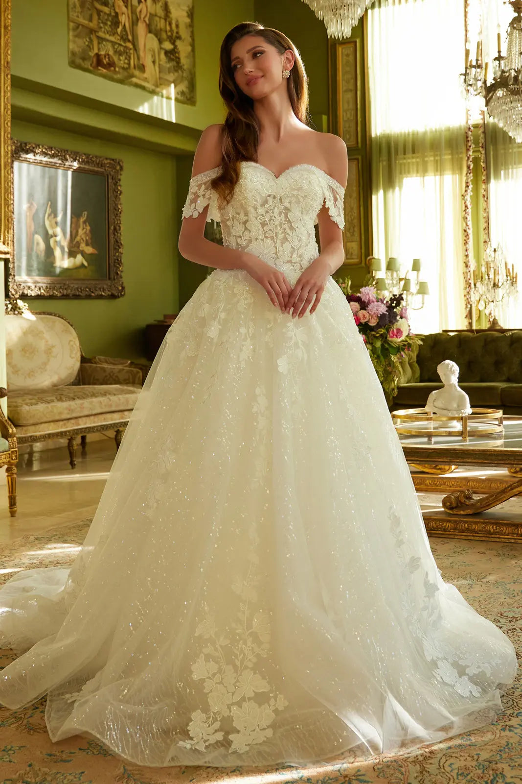 A-Line Wedding Dress With Off-The-Shoulder Detailing, Beading, Sequins And Floral Embroidery-0