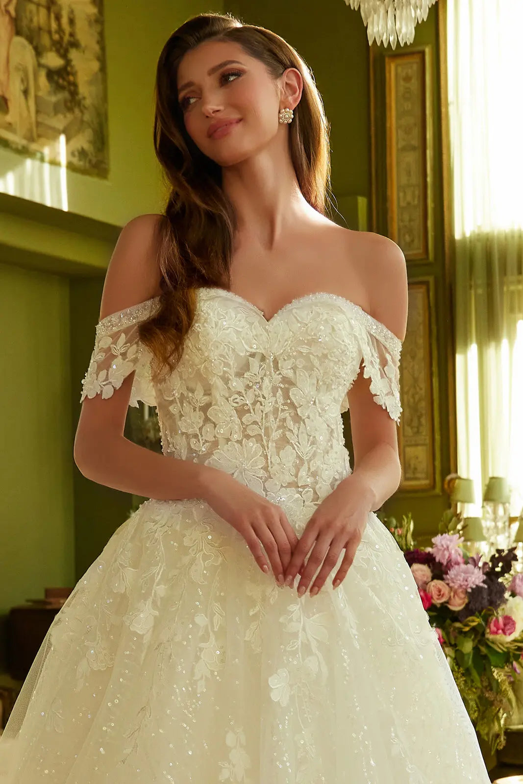 A-Line Wedding Dress With Off-The-Shoulder Detailing, Beading, Sequins And Floral Embroidery-2