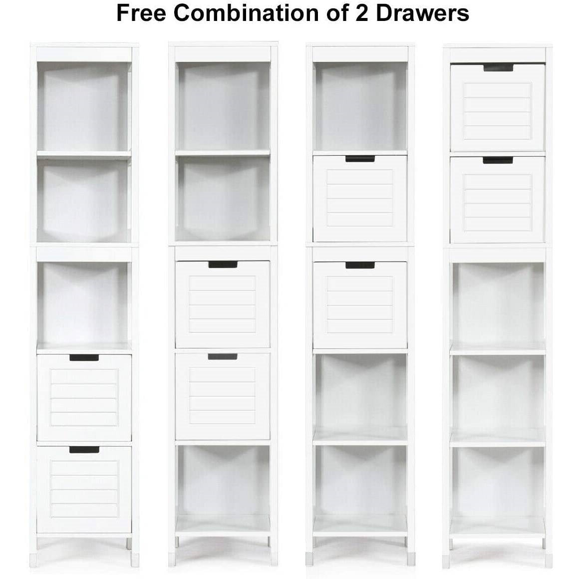 Bathroom Cabinet Tower with 2 Storage Drawers and 3 Shelves in White Wood Finish