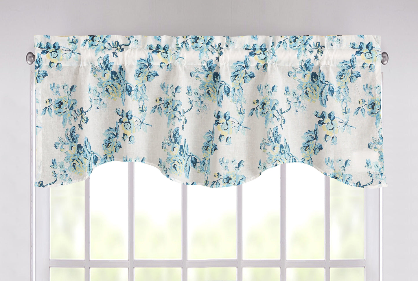 Tache Cotton White Blue Floral Scalloped Petal Dance Sheer Scalloped Window Treatment Valance (JHW-646)-0
