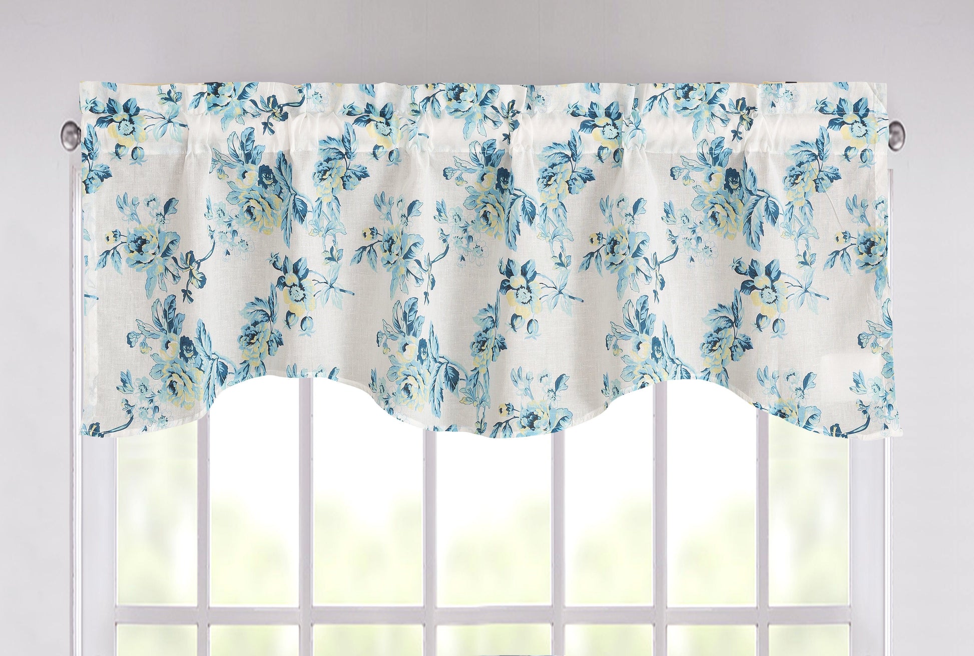 Tache Cotton White Blue Floral Scalloped Petal Dance Sheer Scalloped Window Treatment Valance (JHW-646)-0