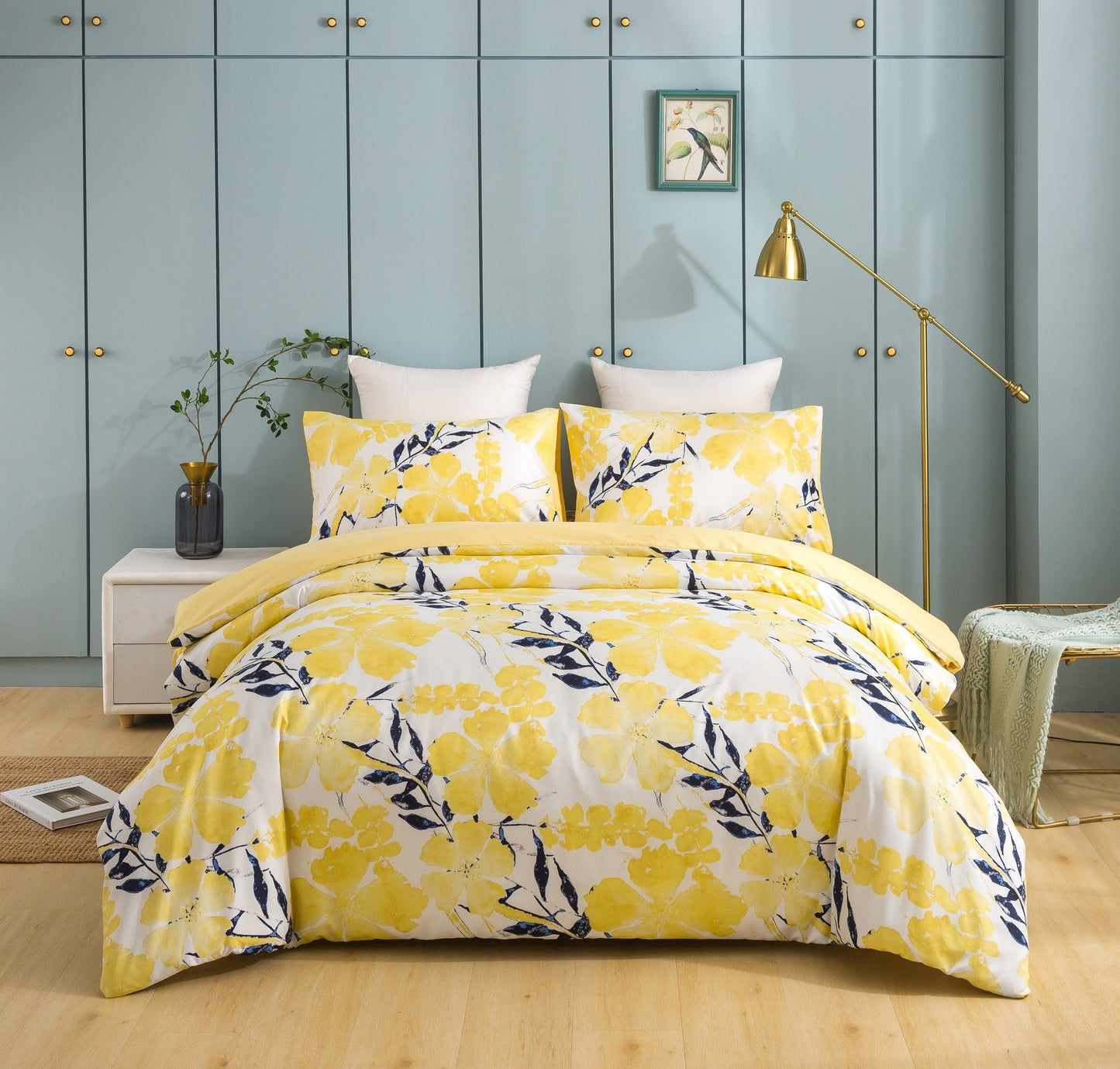 Tache Microfiber Watercolor Tropical Floral Yellow Blue Duvet Cover (JHW-841)-0