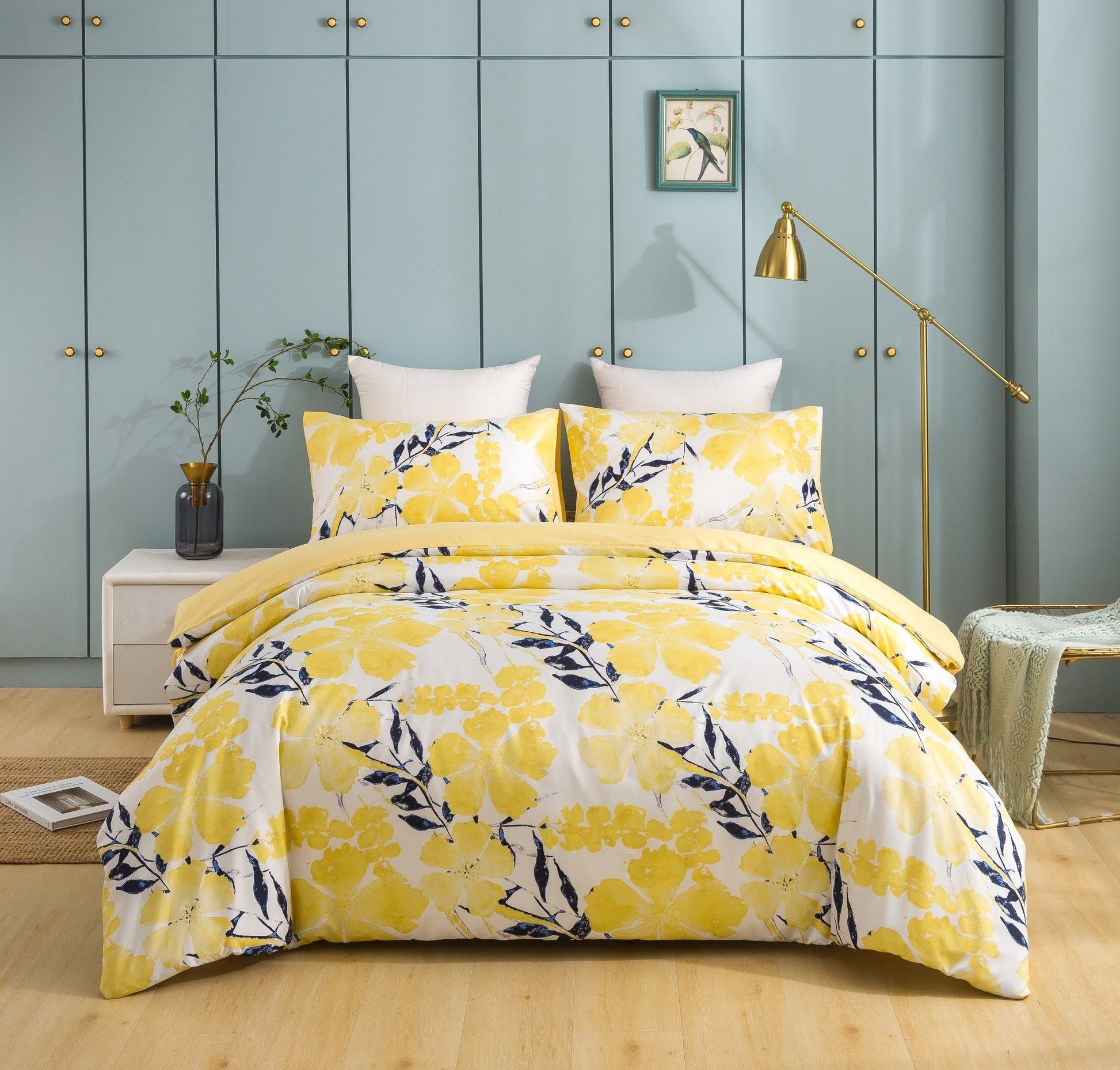 Tache Microfiber Watercolor Tropical Floral Yellow Blue Duvet Cover (JHW-841)-0