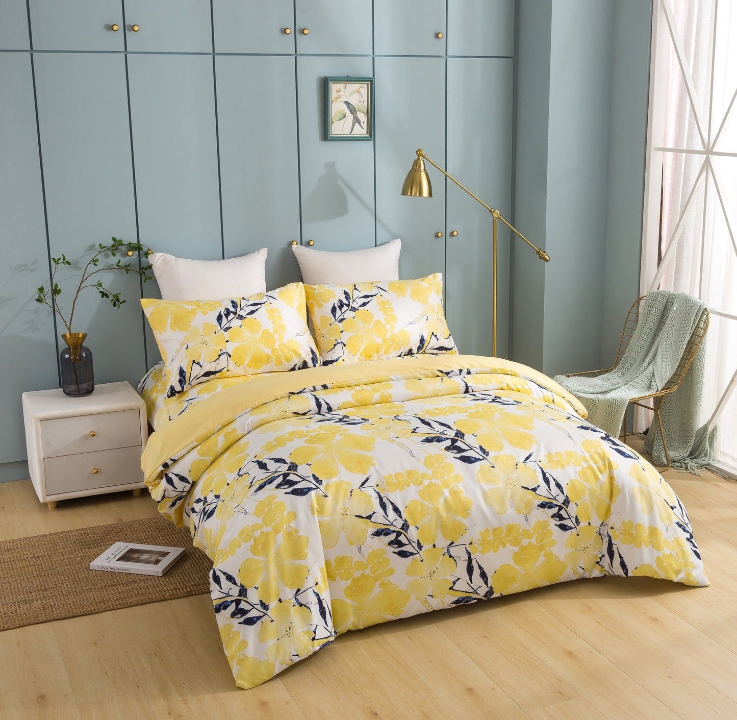 Tache Microfiber Watercolor Tropical Floral Yellow Blue Duvet Cover (JHW-841)-1