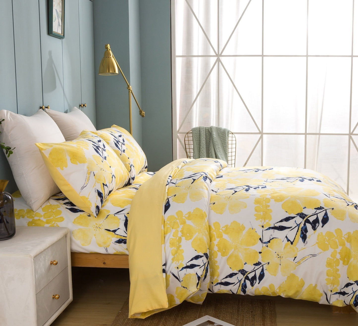 Tache Microfiber Watercolor Tropical Floral Yellow Blue Duvet Cover (JHW-841)-2