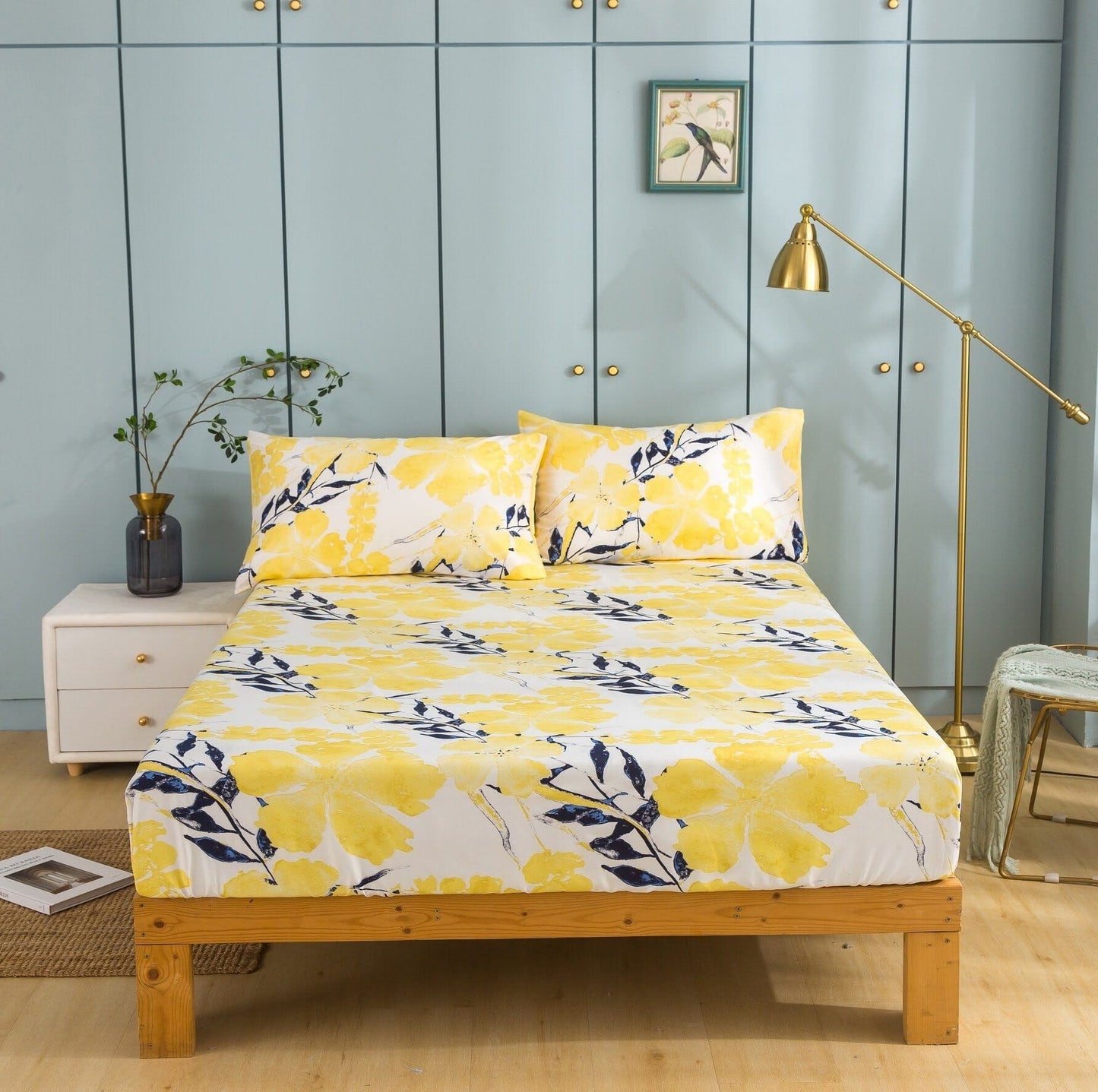Tache Microfiber Watercolor Tropical Floral Yellow Blue Fitted Sheet / Flat Sheet (JHW-841)-1