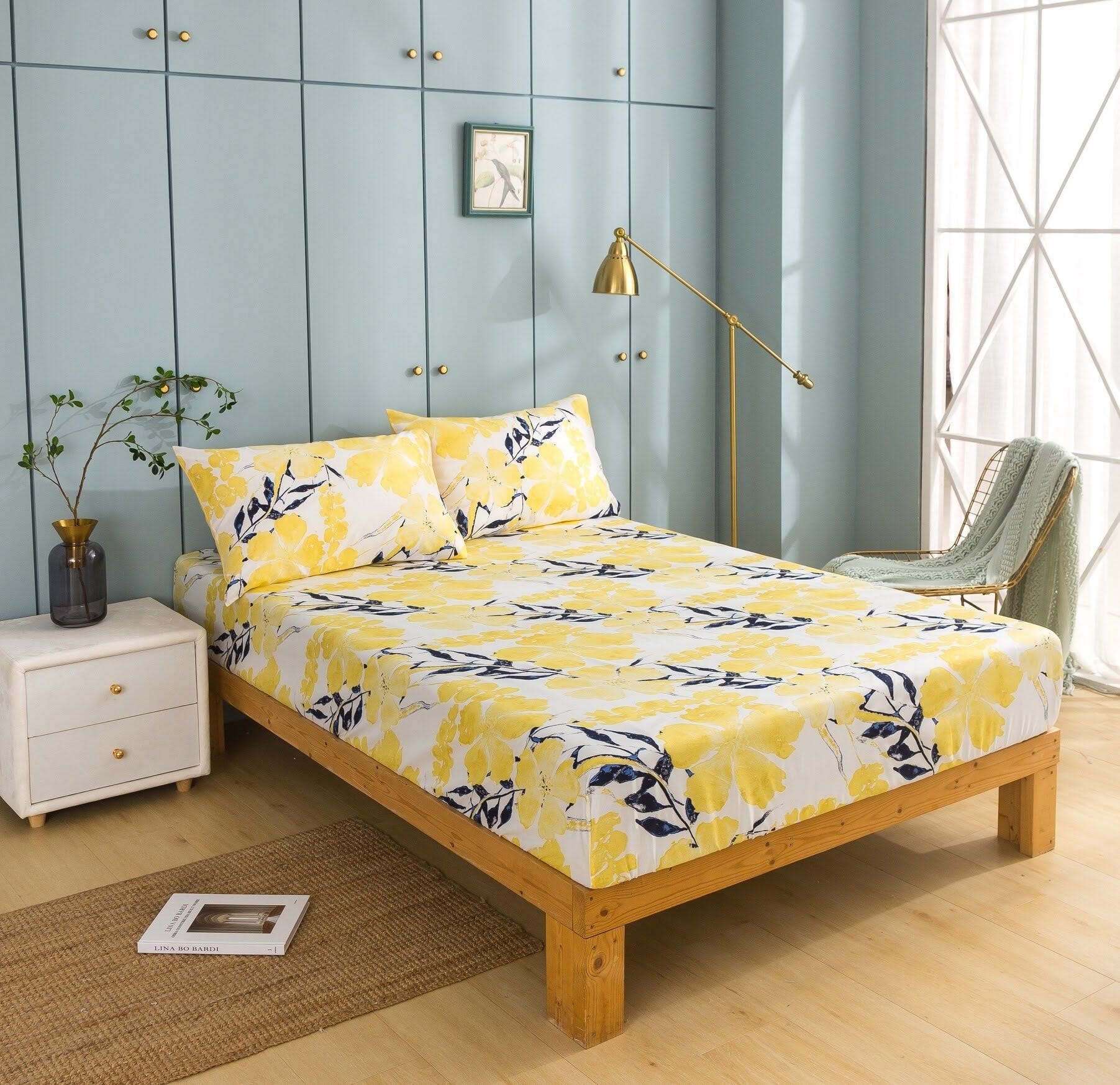 Tache Microfiber Watercolor Tropical Floral Yellow Blue Fitted Sheet / Flat Sheet (JHW-841)-4