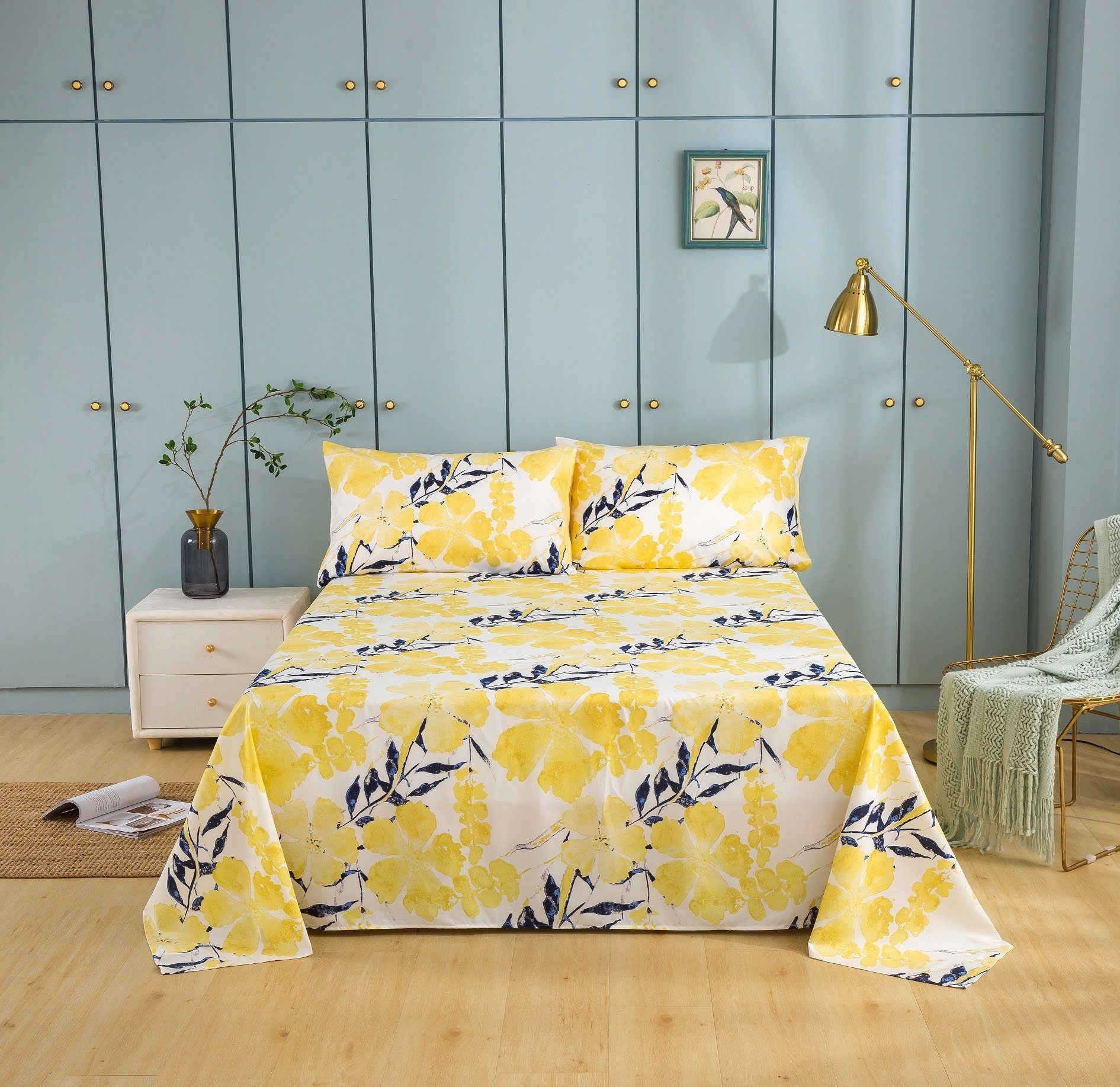 Tache Microfiber Watercolor Tropical Floral Yellow Blue Fitted Sheet / Flat Sheet (JHW-841)-0