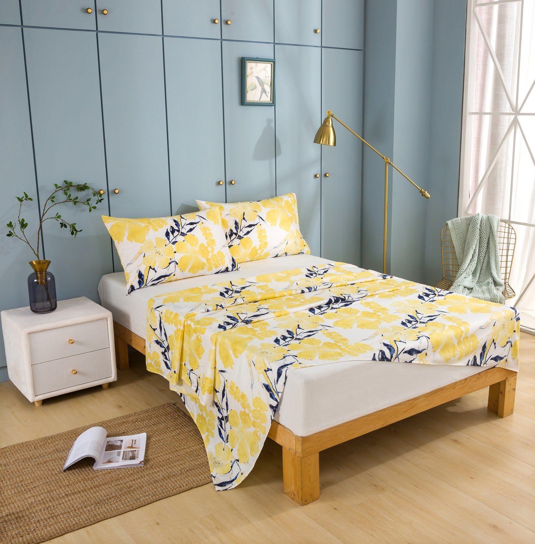 Tache Microfiber Watercolor Tropical Floral Yellow Blue Fitted Sheet / Flat Sheet (JHW-841)-2