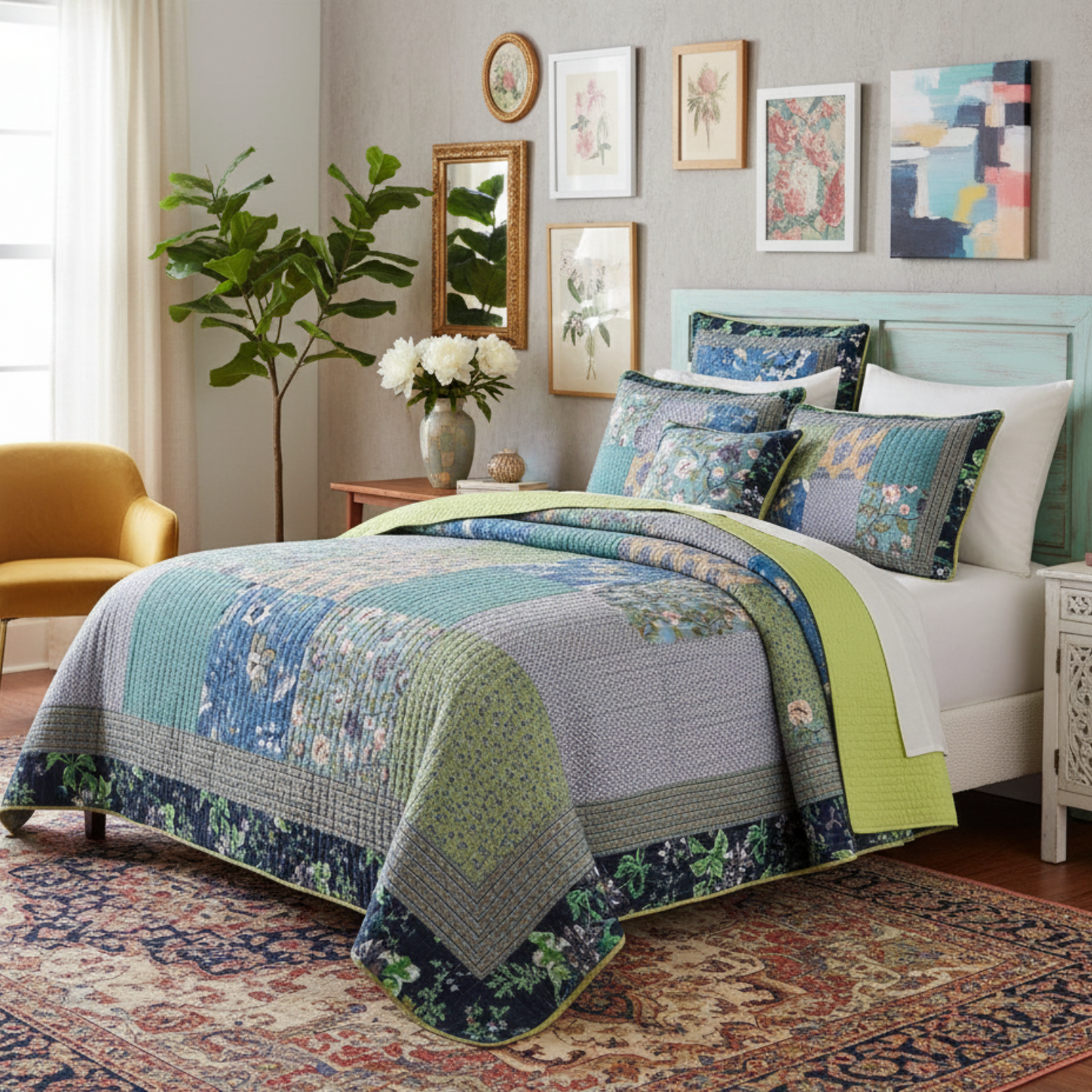 Tache Cotton Bohemian Tropical Calla Lily Quilted Patchwork Bedspread Set (JHW-687)-0
