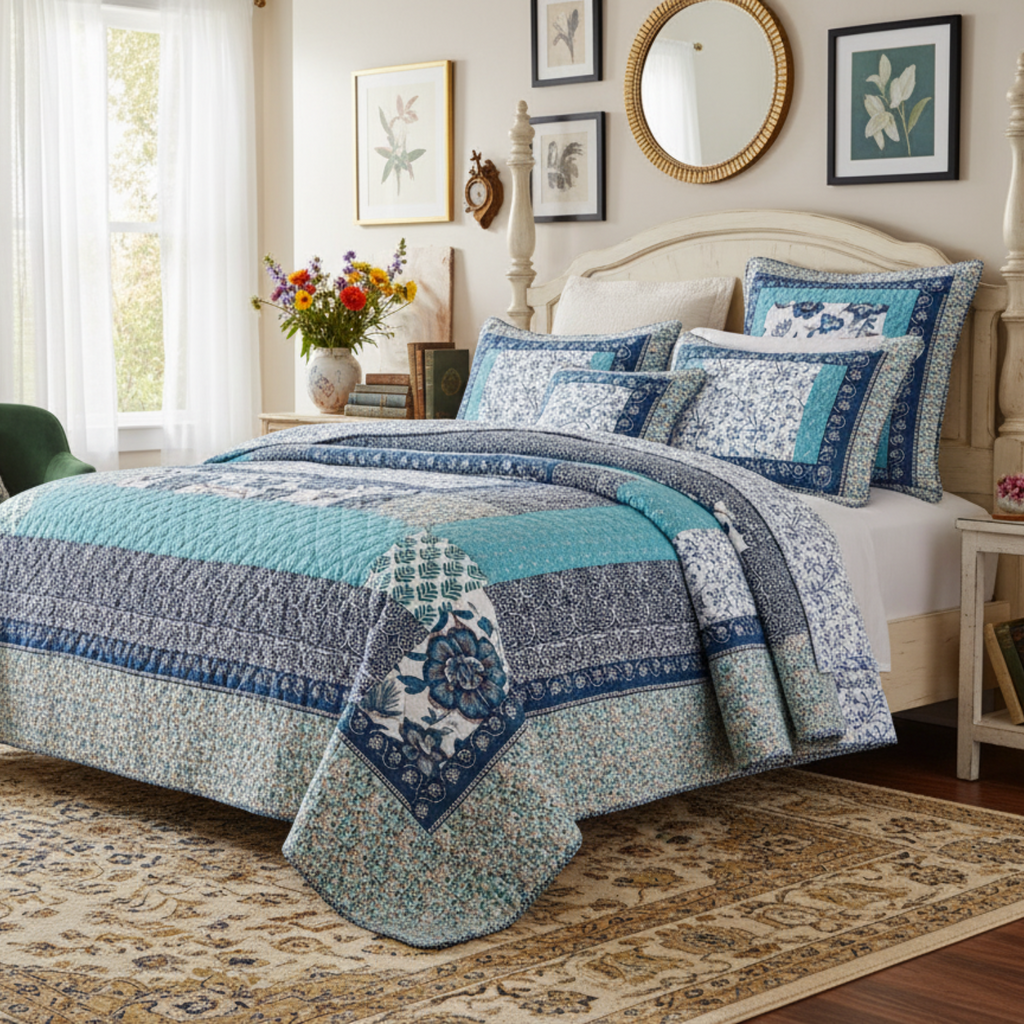 Tache cotton Floral Patchwork Blue Elegance Bedspread Coverlet Quilt Set (JHW-657)-0
